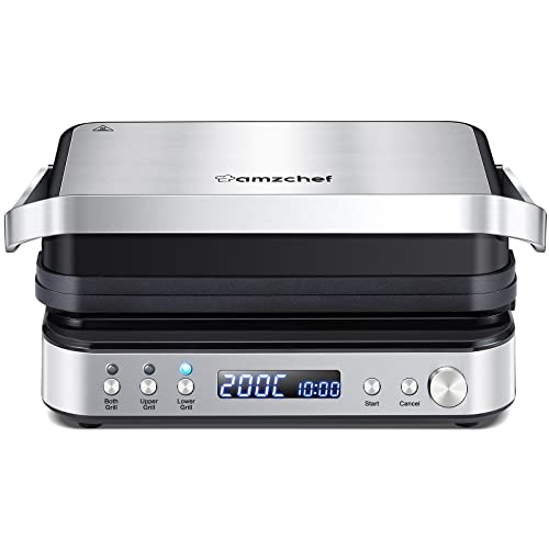 AMZCHEF Máquina 4 en 1 (Plancha, Parrilla, Sandwichera, Gofrera) - 2000W Grill Electrico con 4 Placas Antiadherentes Intercambiables - Grill Sandwichera Plancha Doble Ajustable a 180º