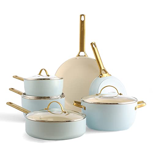 GreenPan Reserve Juego de batería de cocina Antiadherente de Cerámica Sana Anodizada Dura,10 Piezas,Mango Dorado,Incluye Sartenes y Ollas,Sin PFAS, Apto para Inducción,Lavavajillas y Horno,Azul Claro