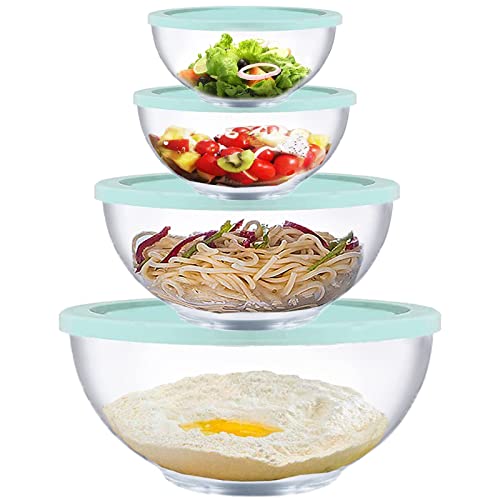 Homwin Juego de 4 Cuencos de Vidrio para Mezclar con Tapa (0,5 L, 1,0 L, 2,0 L, 3,5 L), Ensaladeras Redondas Grandes para Cocina, Ideal para Almacenar Alimentos, Cocinar, Hornear, Preparar