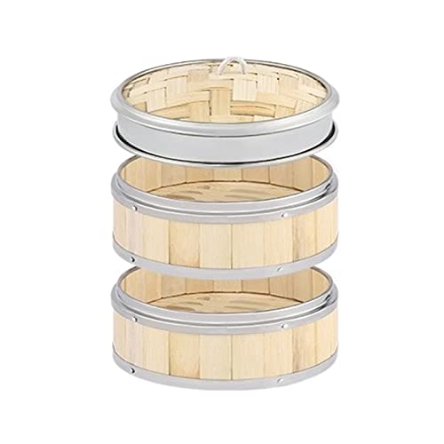 Vapor de bambú para el hogar, vapor de madera con ribete de acero inoxidable, vapor de vapor de suma de té de la mañana, vapor de bola de masa, fuerte y duradero 18 cm