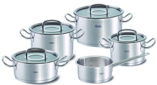 Fissler Original-Profi Collection Juego de ollas de acero inoxidable, 5 piezas, 3 ollas y 1 cacerola con tapa de cristal, 1 cazo sin tapa, aptas para todo tipo de placas, inducción