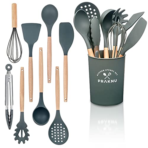 Set de 8 Utensilios de Cocina de Silicona Resistente al Calor - Mango de Madera - Con Soporte - Con Agujeros para Colgar