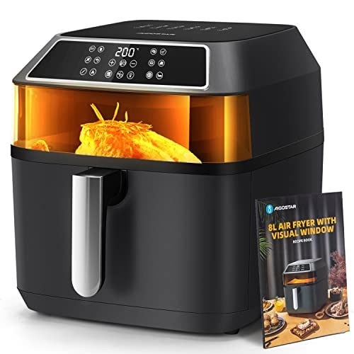 Aigostar Zane - Freidora de aire sin aceite 8L, 1700W, gran ventana de visualización, 12 menús preprogramados. Freidora de aire con panel LED táctil. Incluye libro de recetas. Libre de BPA