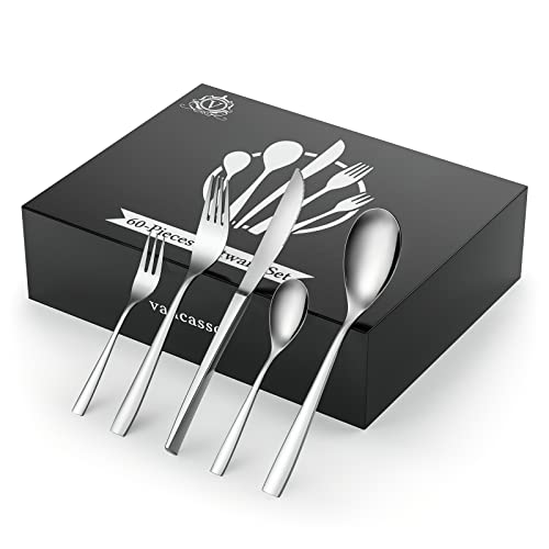 vancasso Cubiertos Acero Inoxidable 60 Piezas,Juego de Cubiertos de Acero Inoxidable 18/10, Cubertería  para 12 Personas, Diseño Contemporaneo, apto para Lavavajillas - Plata