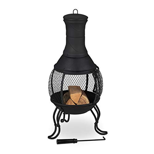 Relaxdays Chimenea Exterior, Acero y Hierro Fundido, 88 x 38 cm, Brasero Jardín, Rejilla, Salvachispas y Atizador, Negro