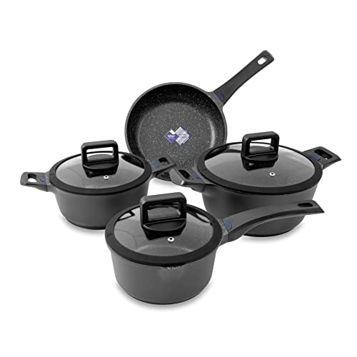KOPF Juego de ollas de aluminio fundido Thermo Pro, con revestimiento antiadherente de teflón, aspecto de mármol, adecuado para todo tipo de cocinas, 3 ollas con tapa de cristal y 1 sartén, 7 piezas