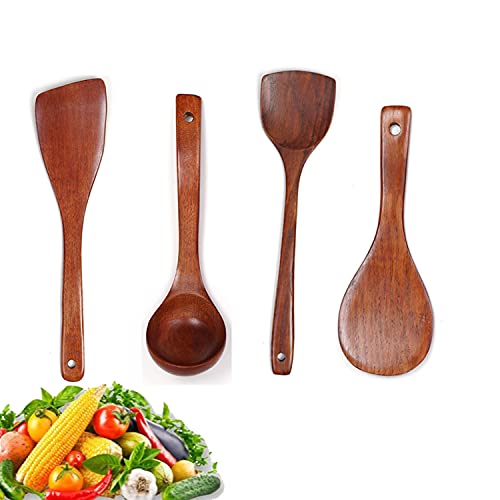 Utensilios De Cocina Madera,Yiyifor 4 PCS Utensilios de Madera para Cocina Ideal para sartenes Utensilios De Cocina y Wok