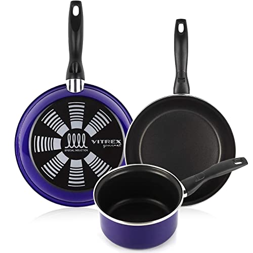 VITREX ® Marseille set de sartenes azules 24 + 28 cm y cazo de 16 cm, antiadherente doble capa, acero vitrificado, compatible con todo tipo de fuego, incluido inducción, mango ergonómico, sartén, cazo