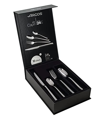 ARCOS Juego de Cubiertos de 24 Piezas para Mesa. Cubertería Completa para 6 Personas. Set de 6 Cucharas, 6 Cuchillos, 6 Tenedores y 6 Cucharas de Postre. Serie Capri. Color Plata