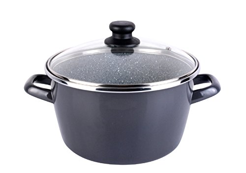 Magefesa Dolomiti Olla 24 cm de acero esmaltado con tapa, antiadherente multicapa efecto piedra, color gris exterior. Apta para todo tipo de cocinas incluida inducción.