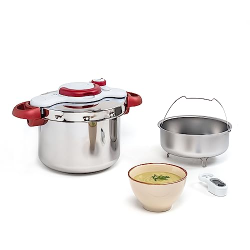 Tefal Olla a Presión Clipso Minut Perfect 6 L - Acero Inoxidable con Cinco Sistemas de Seguridad y Cierre Fácil Con Una Sola Mano con Cestillo Vapor Integrado, Multicolor, 22 cm