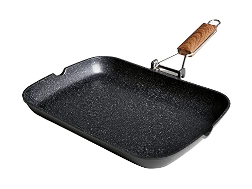 WECOOK! Ecochef Grill Asador Inducción Liso 34 X 24cm, Antiadherente QUANTANIUM Ecológico sin PFOA, Aluminio Fundido, 5mm Espesor, Mango Madera Plegable, Apta Todas las Cocinas Vitrocerámica, Gas