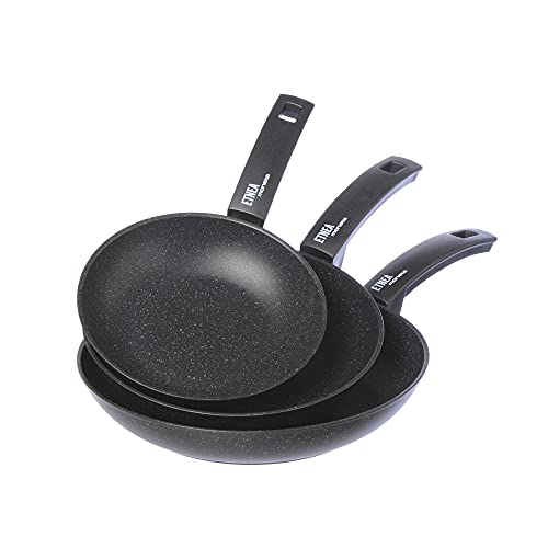 Moneta Etnea Juego de 3 Sartenes, Superficie de Piedra Antiadherente y Revestimiento Antirayadura, Aptas para la Mayoría de las Cocinas, Aptas para el Lavavajillas, Medidas: 20, 24, 28 cm
