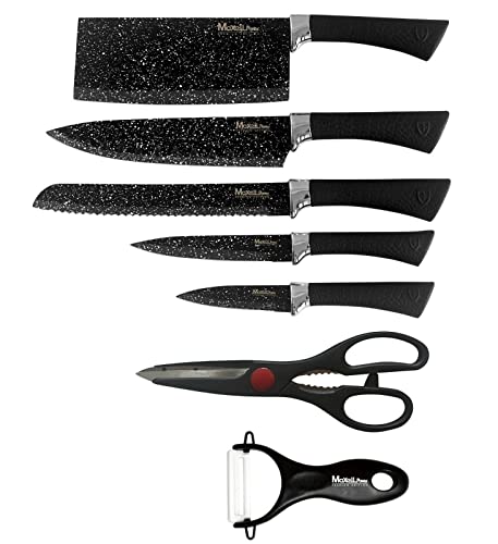 MAXELLPOWER JUEGO CUCHILLOS COCINA PROFESIONALES CUCHILLOS COCINA PROFESIONAL 5 CUCHILLOS ACERO INOXIDABLE TIJERAS PELADOR EFECTO PIEDRA APTO LAVAVAJILLAS CUCHILLOS BLACK STONE