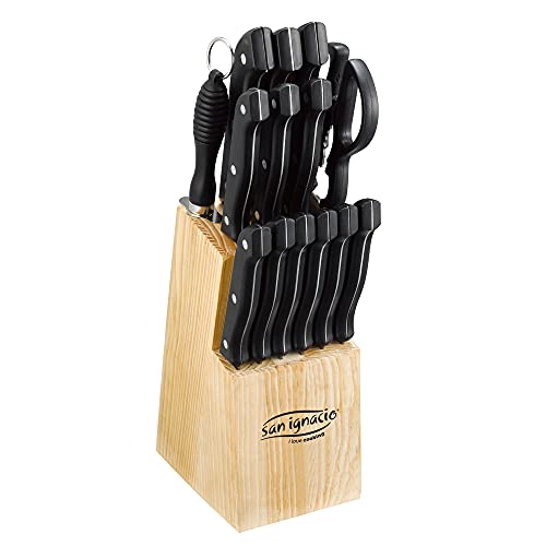 San Ignacio Juego de cuchillos, 15 piezas: cuchillos en acero inoxidable y tacoma de madera, SG-4158, 33x10x10 cm. el conjunto
