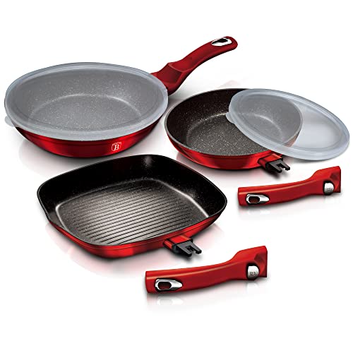 Juego de sartén de aluminio antiadherente de 5 piezas con mango desmontable de inducción de parrilla (negro carbono)