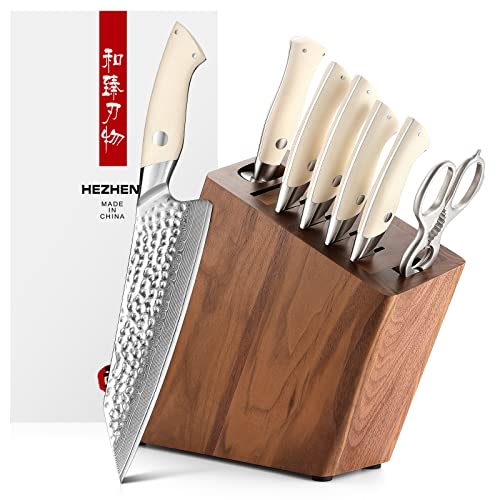 HEZHEN Damasco Bloques de Cuchillos 8PCS, Juego de Cuchillos de Cocina,Cuchillo Chef Acero Damasco Santoku, Tijeras de Cocina de Acero Inoxidable Afiladores, Portacuchillos de Madera