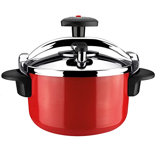 MAGEFESA ® Castel olla a presión rápida tradicional de 4 litros roja, cuerpo con recubrimiento cerámico y núcleo de acero, tapa de acero inoxidable, fácil uso, apta para inducción total, express