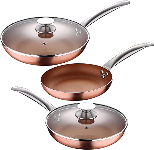 Genérico JUEGO 3 SARTENES CON 2 TAPAS CERAMICA REVESTIMIENTO COLOR COBRE APTO HORNO MANGO DE ACERO COPPER PAN