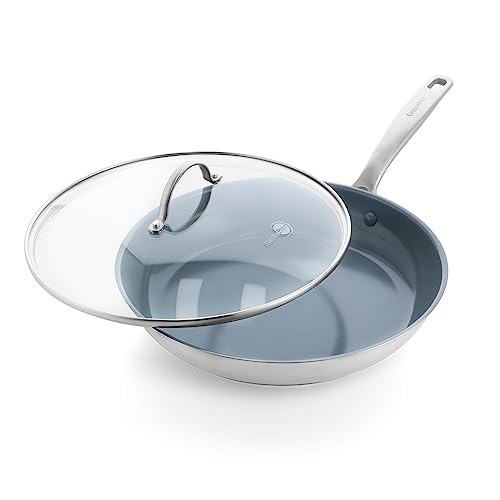 GreenPan Treviso Sartén de acero inoxidable de 30 cm con revestimiento de cerámica antiadherente, con tapa de vidrio, sin PFAS, apta para inducción, horno y lavavajillas, gris