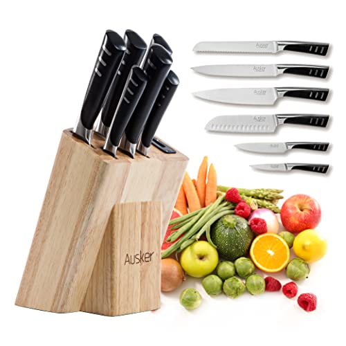 Ausker - Juego de cuchillos de acero inoxidable con bloque de cuchillos autoafilables - cuchillo de pelar, Santoku, multicorte, cuchillos de trinchar y rebanar pan, hojas profesionales - juego de 6