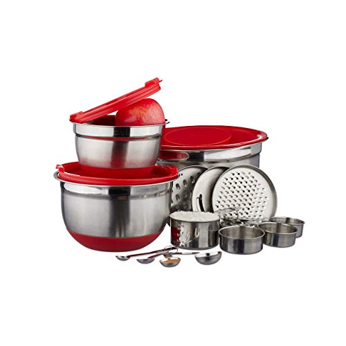 Relaxdays 10024718 Juego de 17 Utensilios de Cocina, Vasos y cucharas medidoras, Cuenco para Mezclar, Rallador, Plateado y Rojo, Acero Inoxidable