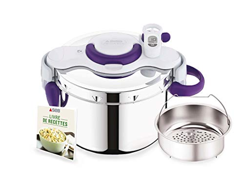 Seb CLIPSOMINUT' Perfect+ Morado 6L, inducción, Libro de 100 Recetas, Olla a presión Fabricada en Francia, fácil de Usar, Temporizador, Asas abatibles P4900700, Acero Inoxidable, Aubergine