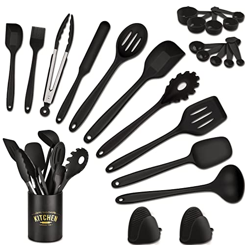 Utensilios Cocinar Resistencia de Silicona para Sartenes - 24 Piezas Juego de Platos de Cocina Set Espátula Accesorios Antiadherente con Cucharas Pincel Cazo de Sopa y Soporte Organizador (23Pcs)