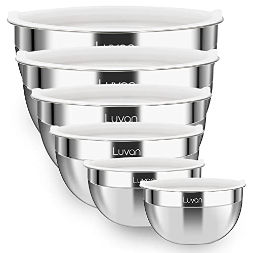 Luvan Juego de 6 Bol de Acero Inoxidable 304 (4, 3.2, 2.5, 1.8, 1.45, 0.96L), Ensaladeras Grandes con Tapas, Tazones para Mezclar de Cocina, Tazón Anidado Apilable de Metal, Apto para Lavavajillas
