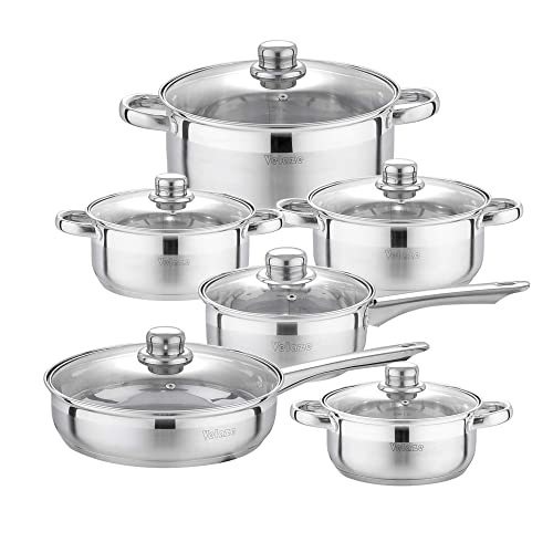 Velaze Motti, 12 Piezas Juego de Ollas, Batería de Cocina de Ollas y Sartenes Antiadherente, Cazuelas Induccion de Acero Inox18/10 con Tapa Cristal, Apto Inducción, Gas y Horno - Color Plata