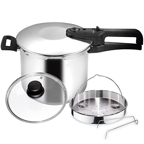 MAGEFESA ® Magestar Complet olla a presión Súper rápida de 8 Litros, pack exclusivo cestillo + tapa de cristal, fabricada en acero Inoxidable, para todo tipo de cocinas, incluido induccion, express