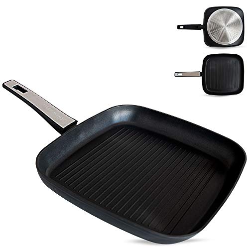 Quttin - Parrilla Asadora Antiadherente de inducción Titan con Mango. Para todo tipo de cocinas. Aluminio Recubierto con PFLUON Doble Capa. Resistente Duradera Calidad. Parrilla Cuadrada 28 cm