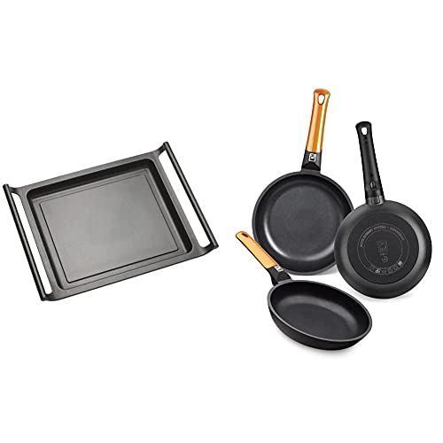 BRA Efficient Plancha asador liso, 45 cm, aluminio fundido con antiadherente Teflon + Efficient Orange Set de 3 sartenes, aluminio fundido con antiadherente tricapa libre de PFOA