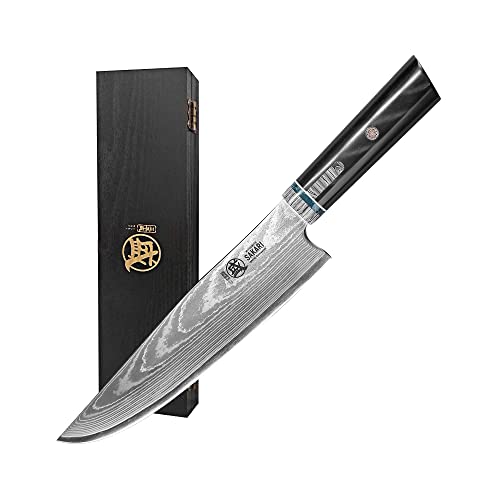 MITSUMOTO SAKARI 20 cm Cuchillos Cocina Cuchillo Gyuto, Cuchillos Cocina Profesional Forjado a Mano, Cuchillos Carne Japaneses de HAP40 Acero en Polvo(Mango de Micarta y Caja de Regalo)