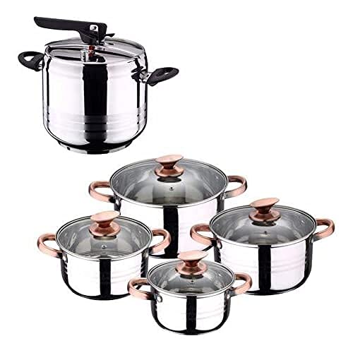 San Ignacio - Batería de cocina 4 cacerolas 4 tapas de vidrio 1 Olla exprés 7 litros, Acero inoxidable, inducción