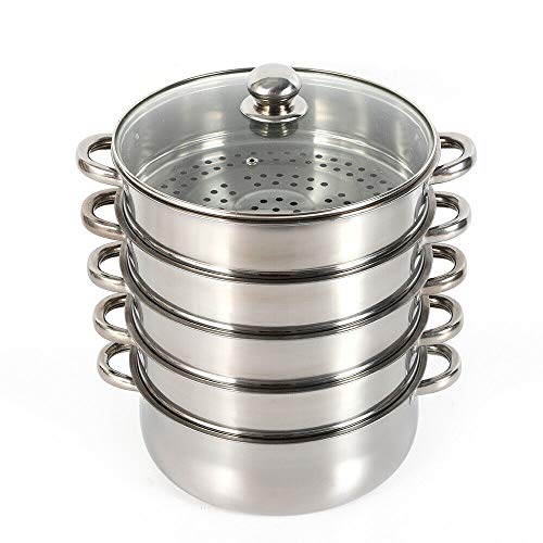 Exprimidor de Vapor de Acero Inoxidable, Accesorio de Cocción al Vapor 26cm, Cacerola de Acero Inoxidable de 5 Nveles, Vaporera de Verduras, Cesta de Cocción al Vapor con Tapa de Vidrio