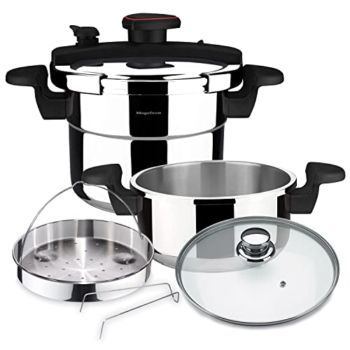 MAGEFESA ® Astra Nido Complet Olla a presión súper rápida de 4 y 6 litros, pack exclusivo cestillo + tapa de cristal, acero inoxidable 18/10, para todo tipo de cocinas, incluido induccion, express