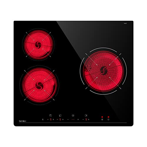 Hermitlux placa vitroceramica 3 fuegos, plaque vitrocéramique 60cm, 9 niveles de, control táctil, Temporizador 99min, Bloqueo de Seguridad, calefacción de doble anillo, 3500w