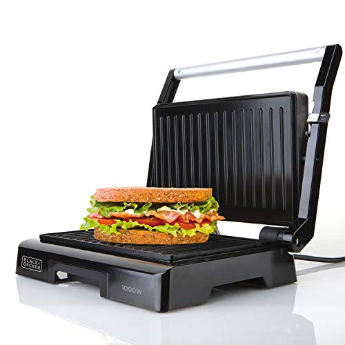 BLACK+DECKER BXGR1000E - Grill, 1000W, placas de 23 x 14.5 cm de superficie, asa de toque frío, placa superior autoajustable, cierre de seguridad, revestimiento antiadherente