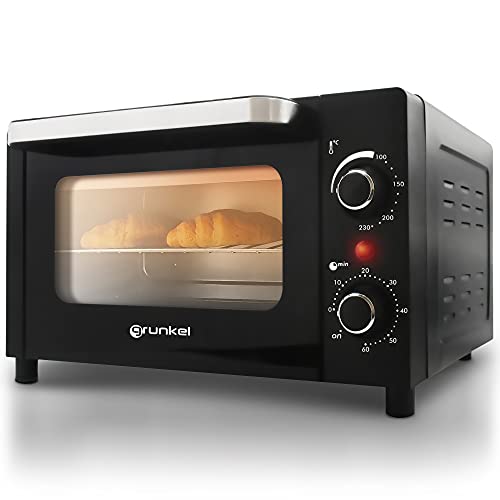 Grunkel - Mini horno eléctrico de 10L de capacidad con temporizador de hasta 60 min y señal de aviso - HR-10MINI - Doble cristal de seguridad y bandeja, rejilla y asa de extracción incluidos - 800W