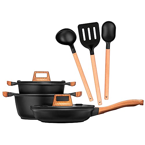 Smile Wood MGK-23 Batería Cocina Inducción 6 Piezas Aluminio Fundido Antiadherente ILAG, Set Cazuelas Tapas Cristal + Sartén, Asas Efecto Madera + Utensilios de Cocina, Vitrocerámica, Gas