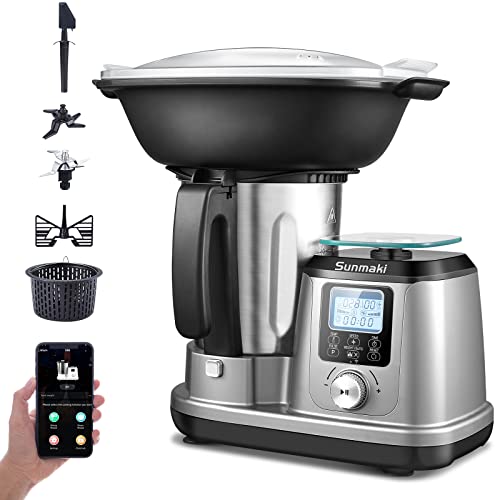 Procesador de alimentos con función de cocción, máximo 1200W Máquina de cocción Sunmaki,10 programas, robot de cocina multifuncional, control APP, báscula de cocina, incluye accesorios, pantalla LCD