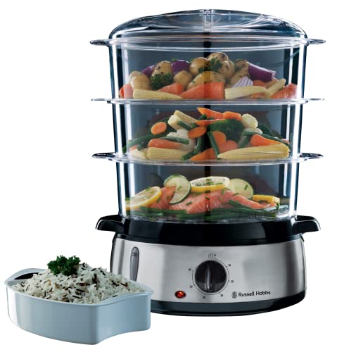 Russell Hobbs Vaporera Cook@Home - 3 Recipientes para Cocinar al Vapor, Capacidad 9 litros, Cuenco para Arroz, Temporizador, 2 Entradas Laterales de Agua, Sin BPA, Acero Inoxidable, 800 W - 19270-56