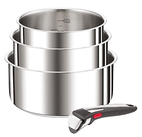 Tefal L898S3 Ingenio Preference On - Juego de 4 cazuelas (16/18/20 cm, mango extraíble, apto para horno hasta 250 °C, sin mango, apto para todo tipo de cocinas, incluida inducción, acero inoxidable)