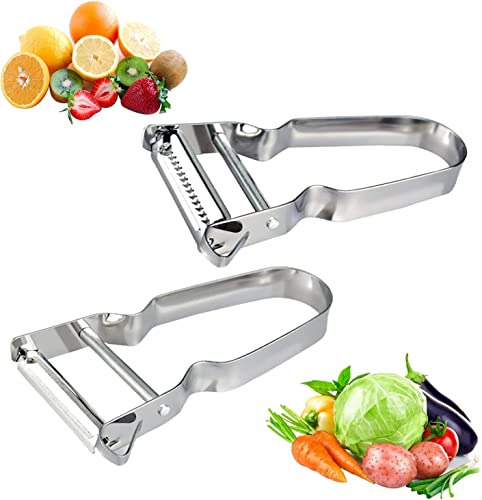 Pelador Patatas y Rallador de Acero Inoxidable Manual y Profesional - Pelador Verduras - Laminador Verduras y Frutas Cromados en Color Plateado - Agarre Natural y Ergonómico.