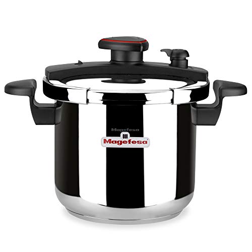 MAGEFESA ® Astra Olla a presión super rápida de 6 litros, fácil uso, acero inoxidable 18/10, apta para todo tipo de cocinas, inducción total, 5 sistemas de seguridad, fondo termo difusor, express