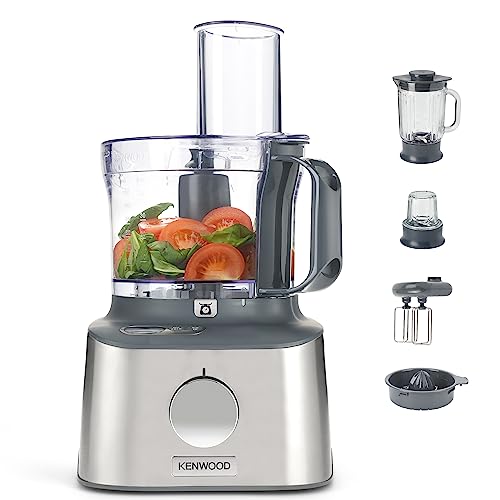 Kenwood Multipro Compact Procesador Robot de Cocina, Bol de 1,2L, Batidora de Vaso de 1,2L, Gancho para Amasar, Varillas, Discos para Cortar y Rallar, Molinillo de Especias, 800 W, FDM313S, Plata