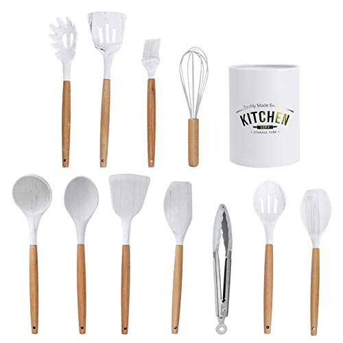 Raguso 12 Piezas de Utensilios de Cocina de Silicona Blanca Juego de Utensilios de Cocina de Silicona espátula Antiadherente Mango de Madera con Caja de Almacenamiento para Cocina