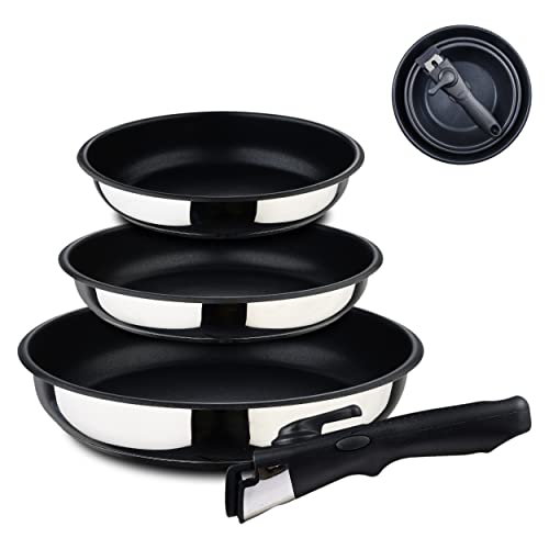BERGNER Click&Cook | Juego de Sartenes de 4 Piezas | Acero Inoxidable y Antiadherente | Incluye 3 Sartenes de 18, 20 y 24 cm | Con 1 Mango Ergonómico Extraíble | Para Todo Tipo de Cocinas y Horno