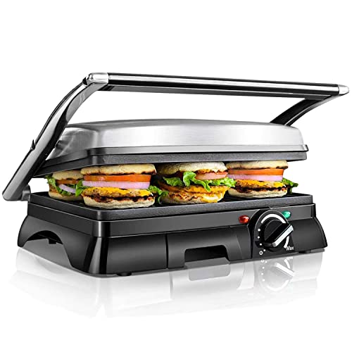 Aigostar Samson – Parrilla Eléctrica, Grill, Panini, Sandwichera, 2000W. Regulador de temperatura, apertura 180º, antiadherente, placa superior flotante, bandeja recoge aceite. Libre de BPA